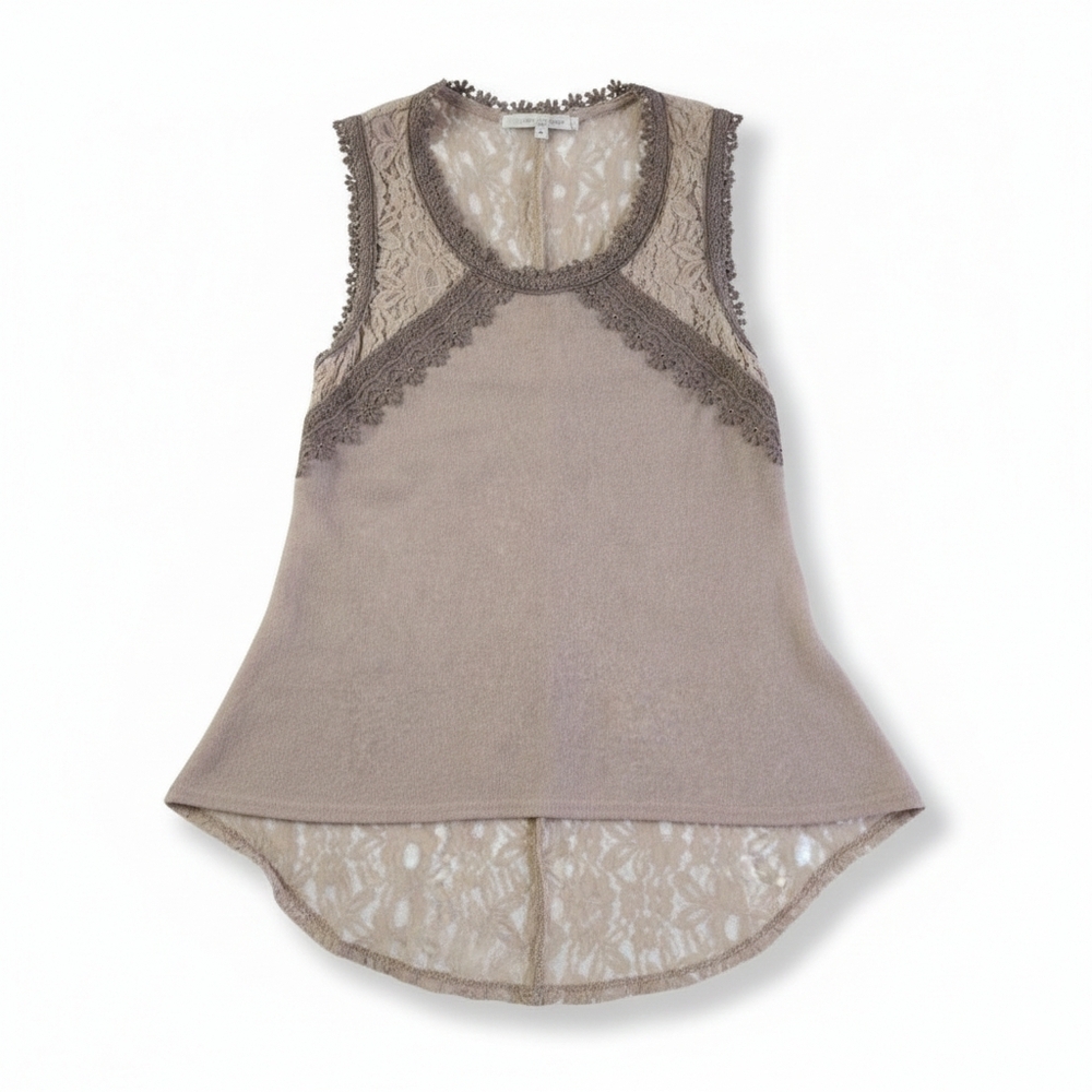 A'Reve Taupe Lace Accent Sleeveless Blouse